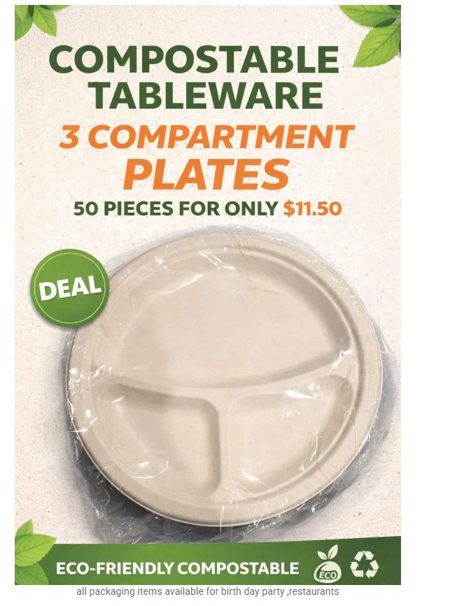3 Compartment Compostable Plate – 50 pcs